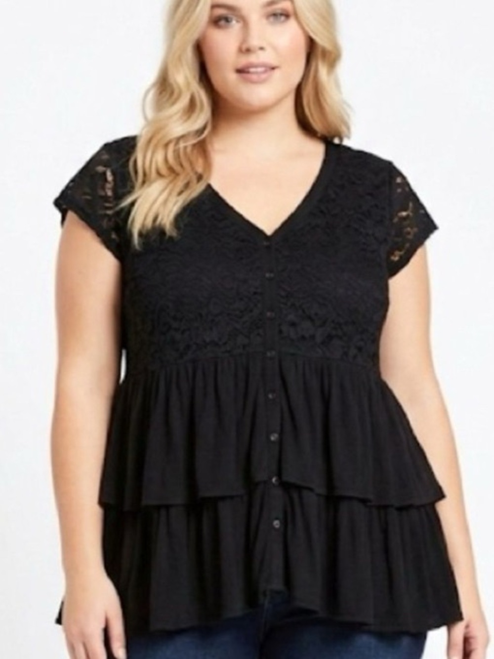 New Torrid  Black soft Lace Tiered Button V-Neck Tunic baby doll top 4X